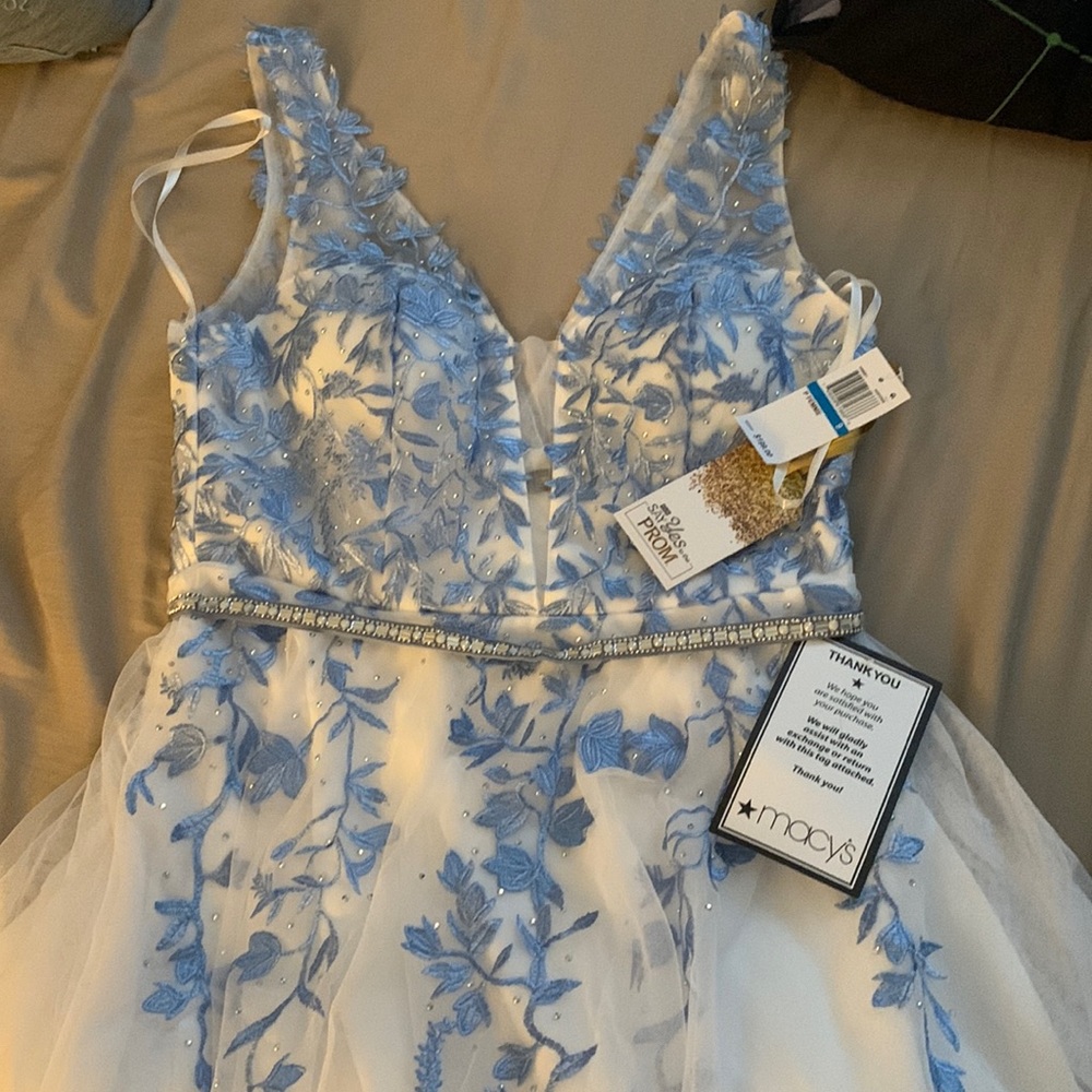 Prom dress, with light blue flowers over the bodice and waist, from Macy’s, NWT